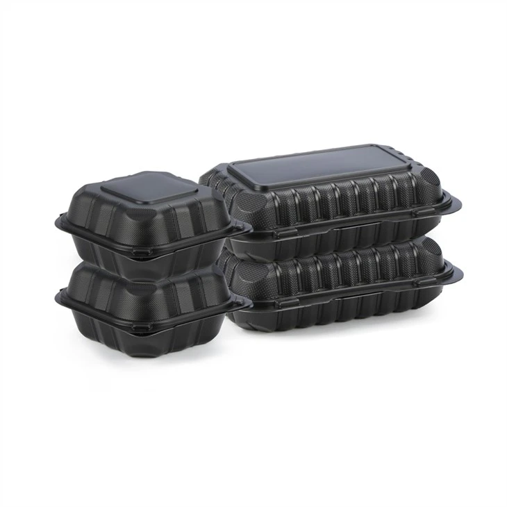 Yas PP Hinged Lid Thawv Cov Thawv Dub Rectangular Yas Lunch Boxes Noj Prep Disposable Yas Takeout Cov Khoom Noj